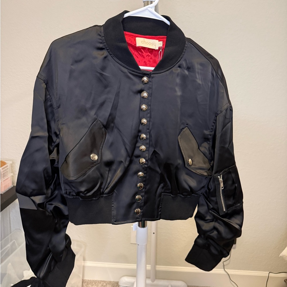 Chic Black Satin Bomber Jacket